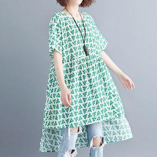 Short-sleeve Leaf Print Dip Back Dress