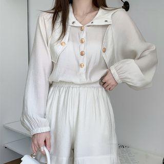 Long-sleeve Hooded Sheer Top / Wide Leg Shorts