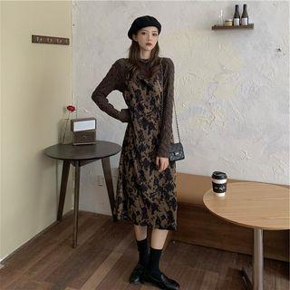 Spaghetti Strap Print Midi A-line Dress / Plain Top
