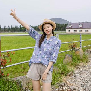 3/4-sleeve Floral Stripe Seersucker Shirt