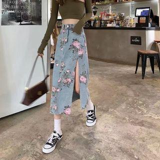 Floral Print Denim Midi A-line Skirt