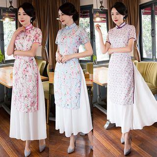 Short-sleeve Floral Midi Cheongsam