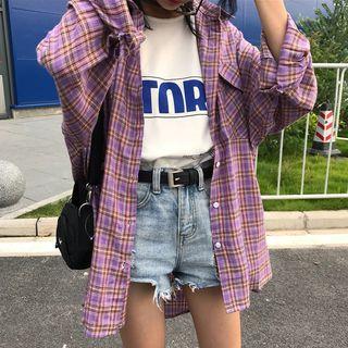 Long-sleeve Plain Shirt Purple - One Size