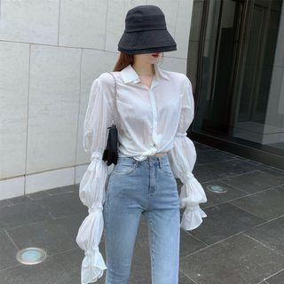 Plain Long-sleeve Shirt / High Waist Skinny Jeans