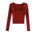 Square-neck Long-sleeve Cropped Knit Top