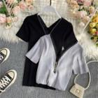 V-neck Zip-detail Short-sleeve Top