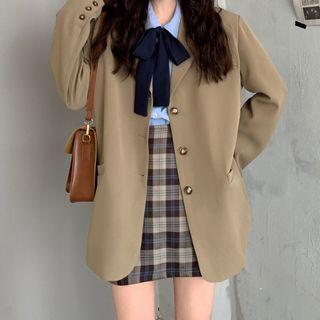 Long-sleeve Shirt / Plaid Fitted Mini Skirt / Single Breasted Blazer
