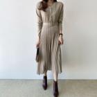 V-neck Knit Pleated Midi A-line Dress
