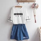 Elbow-sleeve Printed T-shirt / Embroidered Wide-leg Shorts / Set