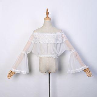 Off-shoulder Flared-cuff Cropped Chiffon Blouse