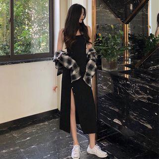 Spaghetti Strap Midi A-line Dress / Long-sleeve Plaid Shirt