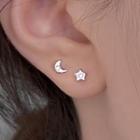 Moon & Star Asymmetrical Sterling Silver Earring 1 Pair - Silver - One Size