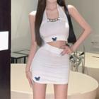 Set: Halter Butterfly Print Crop Tank Top + Mini Pencil Skirt