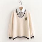 Mock Two-piece Collared Logo Embroidered Sweater