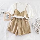 Mock Two-piece T-shirt + High-waist Wide-leg Shorts