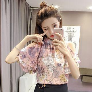 Floral Print Cut Out Shoulder Elbow Sleeve Top