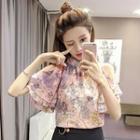 Floral Print Cut Out Shoulder Elbow Sleeve Top