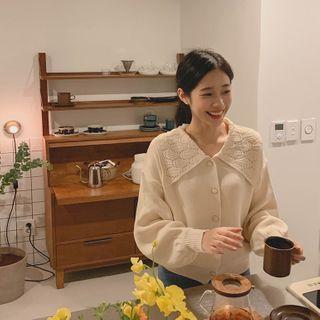 Crochet-collar Knit Cardigan Ivory - One Size