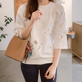 3/4-sleeve Perforated-detail Top