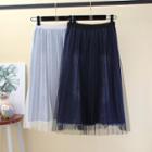 Sheer Overlay Denim Midi Skirt