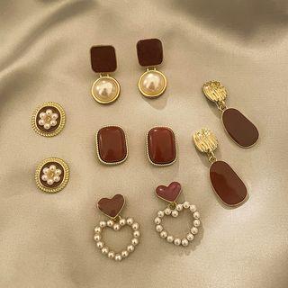 Set Of 5: Stud Earring + Drop Earring Set Of 5 Pairs - Wine Red - One Size