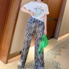 Set: Bear Print T-shirt + Zebra Print Wide-leg Pants