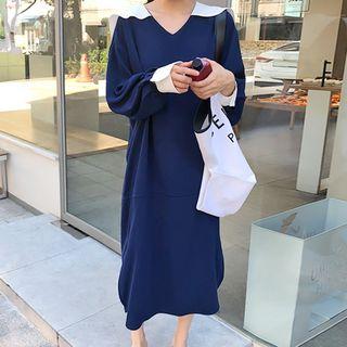 Long-sleeve Sailor Collar Midi Shift Dress Blue - One Size