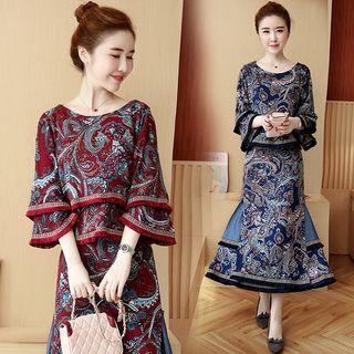 Set: Patterned 3/4-sleeve Top + Midi Skirt