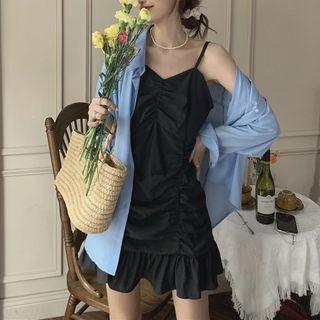 Plain Shirt / Spaghetti Strap Ruffle Hem Mini Sheath Dress