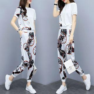 Set: Short-sleeve Panel Top + Print Harem Pants