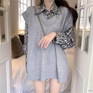 V-neck Knit Vest / Leopard Print Shirt
