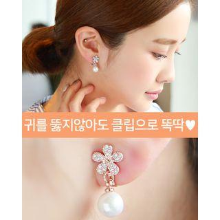 Flower & Faux-pearl Dangled Clip-on Earrings