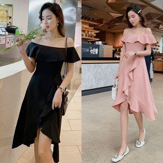 Short-sleeve Asymmetric Ruffled A-line Midi Dress