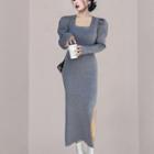 Puff-sleeve Square-neck Midi Knit Dress