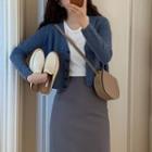 Plain V-neck Cardigan / Midi Straight-fit Skirt