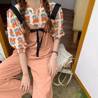 Flower Print Elbow-sleeve Blouse / Wide-leg Jumper Pants