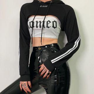 Lettering Contrast Trim Cropped Hoodie