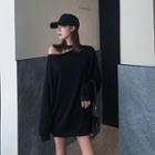 Cut-out Long-sleeve Oversize T-shirt Black - One Size