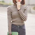 Striped Turtleneck Knit Top Coffee - One Size