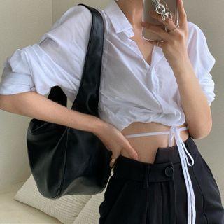 Drawstring Cropped Shirt / Asymmetrical Wide Leg Pants