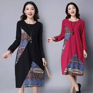 Patterned Panel Long-sleeve Midi Dress