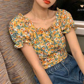 Short-sleeve Floral Print Blouse Yellow Floral - Blue - One Size