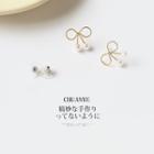 Faux Pearl Alloy Bow Earring 01 - 1 Pair - Gold - One Size