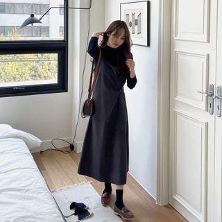 Set: Mock-neck Rib-knit Top + Spaghetti-strap Dress