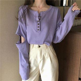 Long-sleeve Striped Elbow-cutout Henley Knit Top