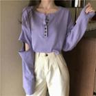 Long-sleeve Striped Elbow-cutout Henley Knit Top