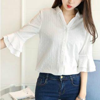 Bell-sleeve Split-neck Blouse