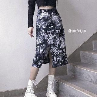 Printed Slit Midi Straight-fit Skirt