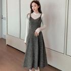 Set: Mock-neck Plain Top + Spaghetti Strap Knit Woolen Dress