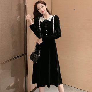 Polo Collar Lace Panel Velvet A-line Dress